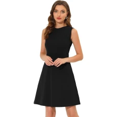 Women's Work Dress Solid Color Sleeveless A-line Flare Dresses Black 16