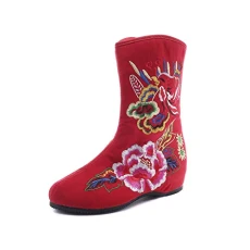 Women Lady Chinese Style Embroidery Wedge Heel Ankle Boots (UK 6.5, Red)