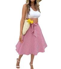 Womens High Waist Midi Skirt Summer Plaid A-Line Vintage Elegant Casual Flowy Swing Skirt XXL Red