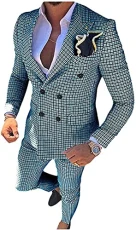 Men's 2-Piece Double Breasted Tuxedo Tweed Wool for Wedding (Blazer + Trousers), blue-gr