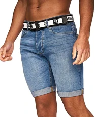 Mens Stretch Denim Shorts Belted Knee Length Roll Up Faded Casual New, Light Wash, 32W