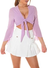 Chic trumpet sleeve crop blouse to tie One Size Lilac