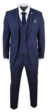 Mens 3 Piece Suit Gatsby 1920s Gangster Pinstripe Tailored Fit Navy Blue