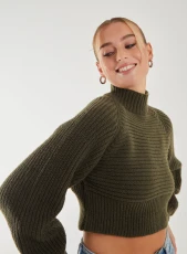 High Neck Knitted Jumper  - S/M  - KHAKI