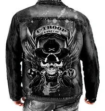 Men's Washed Denim Jacket Gothic Skull Printing Denim Jacket Outwear Casual Slim Fit Western Denim J