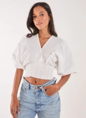 Elasticated Puff Batwing Sleeve Top  - S  - WHITE