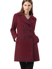 Women's Double Breasted Notched Lapel Long Winter Coats Burgundy M