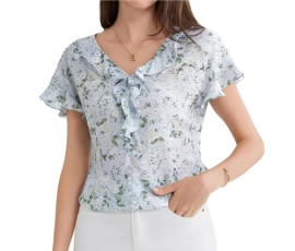 Womens Casual Chiffon Short Sleeve Blouse Tops Elegant Floral Printed T Shirts Blouse White Flowers L