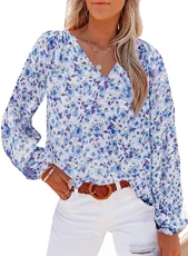 Womens Fashion Floral Print V Neck Spring Boho Tops Loose Fit Casual Long Sleeve Chiffon Blouse Shir