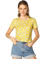 Women's Daisy Floral Print Top Summer Crew Neck Short Sleeve Blouse Shirt Yellow L-16