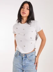 Bow Embellished T-Shirt  - S/M  - IVORY