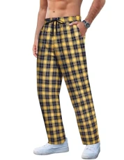 Men's Plaid Casual Pants Regular Fit Elastic Waist Lounge Pants Cotton Flannel Pajama Pants with Pockets, Navy Yellow Plaid, 3X-Large