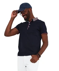 Men's Classic Smart Contrast Collar Short Sleeve Polo Shirt, Navy, S