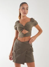 Puff Sleeve Bengaline Cropped Top  - M  - Khaki