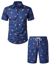 Mens Fun Fruit Print Hawaiian Shirts Suits Short Sleeve Casual Button Down Beach Shirt and Shorts Outfits Blue Watermelon Large