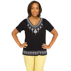 Women's Embroidered V-Neck Tee, Onyx, XL