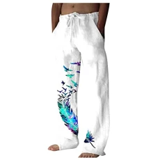 Cotton Linen Pants for Mens Drawstring Elastic Waist Casual Yoga Pants Feather Print Summer Loose Be