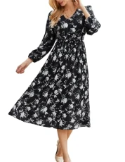 Women Floral Feminine Long Sleeve V-Neck Dress Elegant A-Line Elastic Waist Pleated Boho Dresses for Ladies