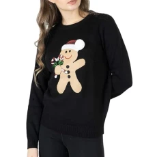 Women's Xmas Jumper Merry Ladies Elf Pullover Knitted Sweater (10, Gingerbread Candy Cane Black)