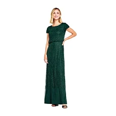 Women's Short Sleeve Blouson Beaded Gown Formal Night Out Dress, Dusty Emerald, 6