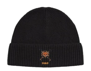 Men's Acrylic/Wool/Nylon Blend Polo Graphic Beanie Hat, Black Embroidered Fox Polo, One size