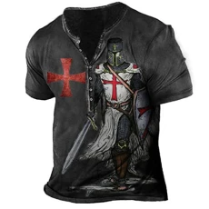 Men's Distressed Henley Shirt Knight Templar 3D Printed Short Sleeve T Shirts Vintage Casual Sports Tshirt Tops