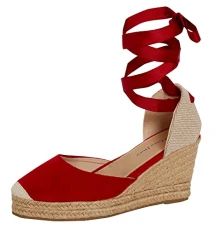 Womens Espadrille Wedge Sandals Ladies Strappy Hessian Wedges Summer Shoes Ankle Tie Leg Straps Red 