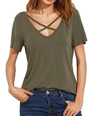 Womens Backless V Neck Short Sleeve T-Shirt Solid Color Casual Slim Shirt Blouse Tops ArmyGreen XXXXL