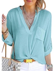 Women Chiffon Blouse V Neck Long Sleeve T-Shirt Tops with Pocket Peacock Blue M