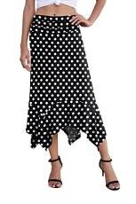 Women High Waist Midi Skirts Swiss Dot Asymmetrical Skirt Summer Casual A Line Swing Long Skirts Black Size M