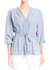 Women's 3/4 Sleeve Tie Front Blouse, Chambray Fleur-de-lis, X-Small