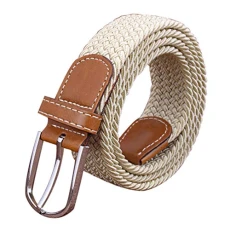 Unisex Canvas Elastic Fabric Woven Stretch Multicolored Braided Belts for Women Men Beige