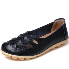 Women Lady Vintage PU Leather Casual Cut Out Loafers Flat Slip-on Shoes (EU 41, Black)