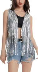 Women's Fringe Vest Sparkly Sequin Gilet Top Glitter Tassel Waistcoat for Women Shiny Open Front Car