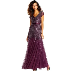 Women's Long Beaded V-Neck Dress with Cap Sleeves and Waistband, Cassis, 10