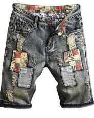 Men's Destroyed Distressed Short Denim Shorts with Printed Backing and Patches Blue 28