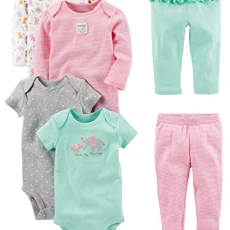 Baby Girls' 6-Piece Bodysuits (Short and Long Sleeve) and Pants Set, Aqua Gr