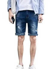 Men's Hole Ripped Denim Shorts Stretch Casual Ripped Rolled Hem Half Pants Blue L