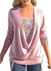 Women Shimmer Sequin Sparkly Festival Party Shirt and Blouse Womens Long Sleeve Cowl Neck Shining Gl