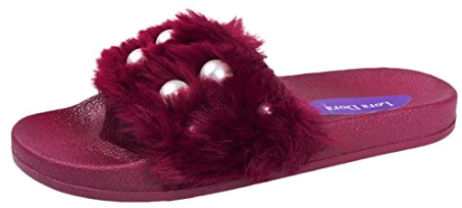 Womens Fur Sliders Fluffy Mules Slippers Dark Red Pearls 4