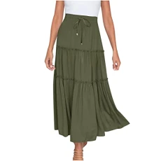 Boho Maxi Skirts for Women Long Skirts Sale Chic Ladies Solid Casual Ruched Ruffles Elastic Waist Skirts Beach Skirts Clearance UK, 01 Army Green, M