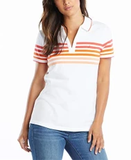 Women's Classic Fit Striped V-Neck Collar Stretch Cotton Polo Shirt, Hibiscus, X-Small