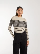 High Neck Mixed Stripe Jumper  - M/L  - Stone/Black