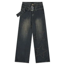 Men's Y2K Streetwear Cargo Jeans Star Patterned Straight Fit Wide-Leg Pants Retro Washed Denim Jeans Skateboard Pants Black