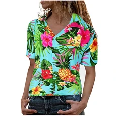 Black Tshirt for Women Funky Hawaiian Blouses for Women Button Down Tropical Floral Printed Top Blou