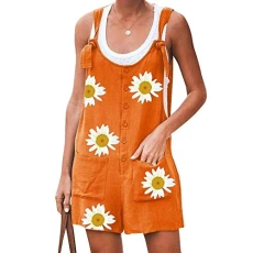 Women's Dungarees Vintage Printed Loose Casual Baggy Sleeveless Overall Long Jumpsuit Playsuit Trous