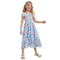 Girls Dresses for Summer Flower Princess Dress Kids Smocked Casual Wedding Party Pull On Midi A-Line Dress