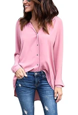 Womens Chiffon Shirts Long Sleeve Casual Plus Size Blouse Tops Pink UK 14