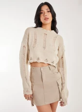 Distressed Cropped Jumper  - S  - STONE