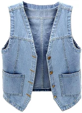 Women's Sleeveless Denim Vest V Neck Button Down Waistcoat Jacket